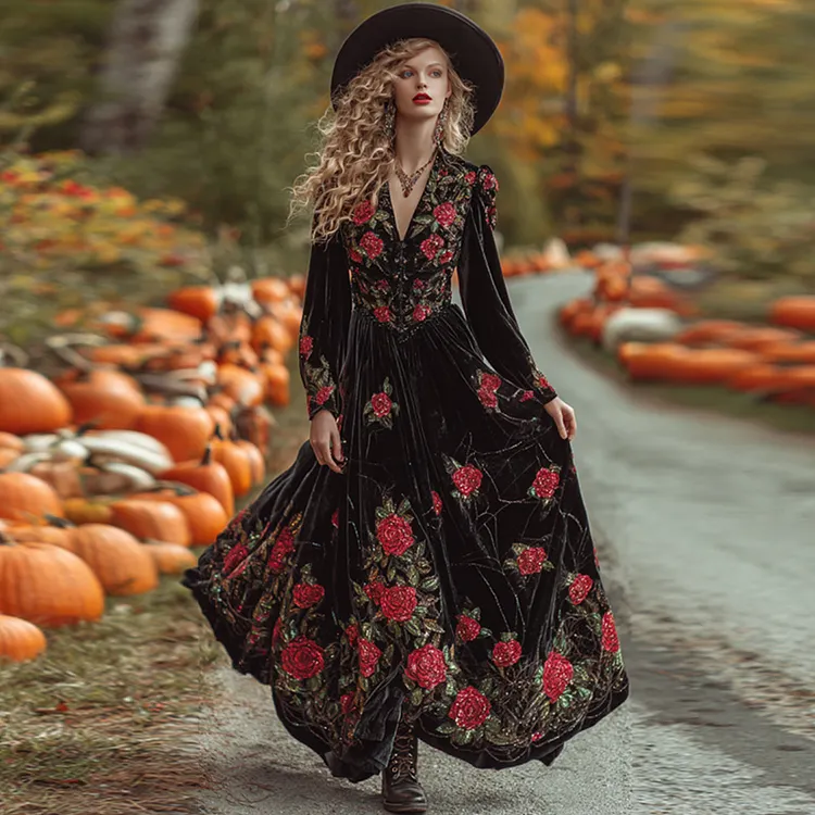 Women's  Vintage Halloween Rose Art Comfy Velvet Maxi Dress