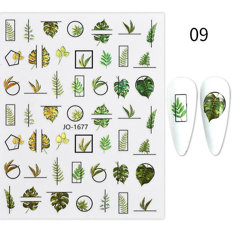 1PC Spring Green Palm Flowers Leaves 3D Nail Stickers Self-Adhesive Slider Nail Art Decorations Geometry Leaf Decals Manicure