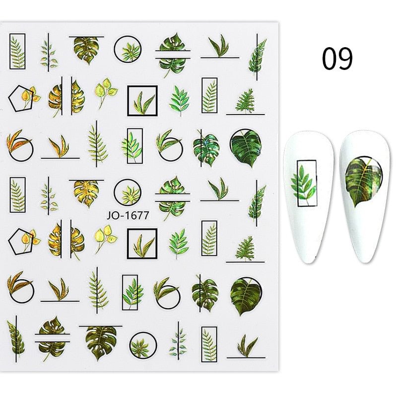 1PC Spring Green Palm Flowers Leaves 3D Nail Stickers Self-Adhesive Slider Nail Art Decorations Geometry Leaf Decals Manicure