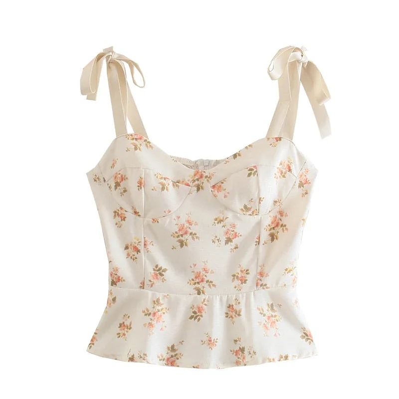 2021 French Prairie Chic Floral Print Crop Top Ruffle Sweet Hot Bow Lace-Up Wide Strap Vest Tight-Fitting Women Camisole