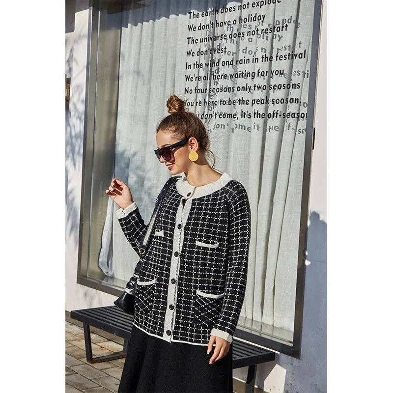 Jangj Winter Female Cotton Elegant Office Sweater Cardigans Women Plaid Printed Long Sleeve Knitted Tops