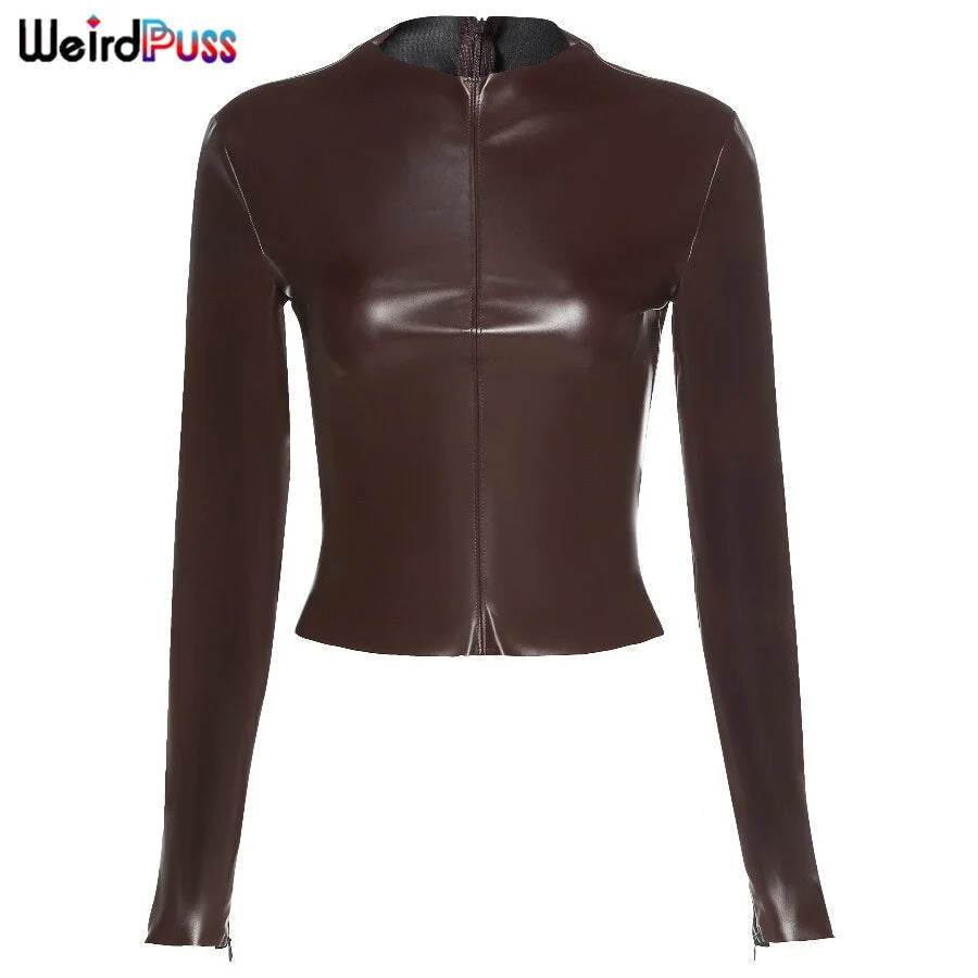 Weird Puss Faux Pu Leather Women Long Sleeve T-Shirt O-Neck Smooth Fashion Zipper Solid Top Office Lady Streetwear Female Outfit