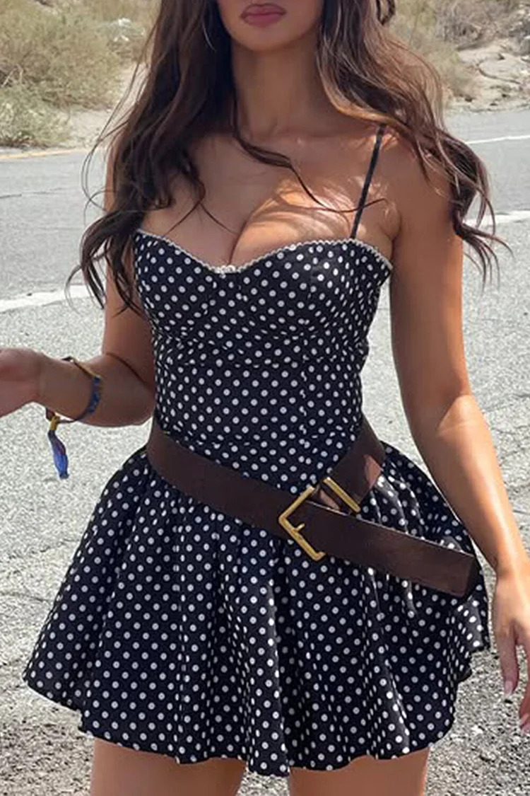 Polka Dot Print Cinch Waist Strappy Mini Dresses-Black