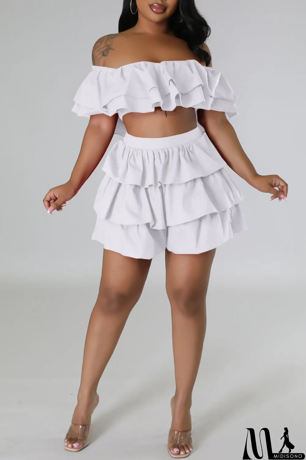 MidiSono - Rose Red Sexy Casual Solid Patchwork Backless Off the Shoulder Short Sleeve Two Pieces