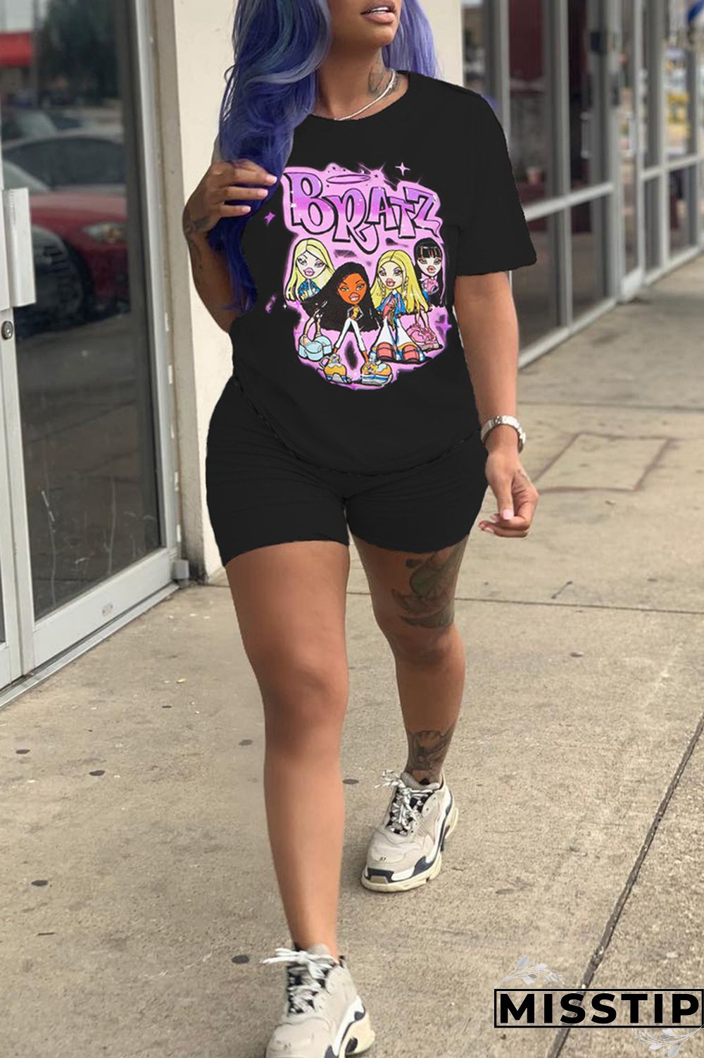 Black Purple Casual Print Basic O Neck Short Sleeve Two Pieces