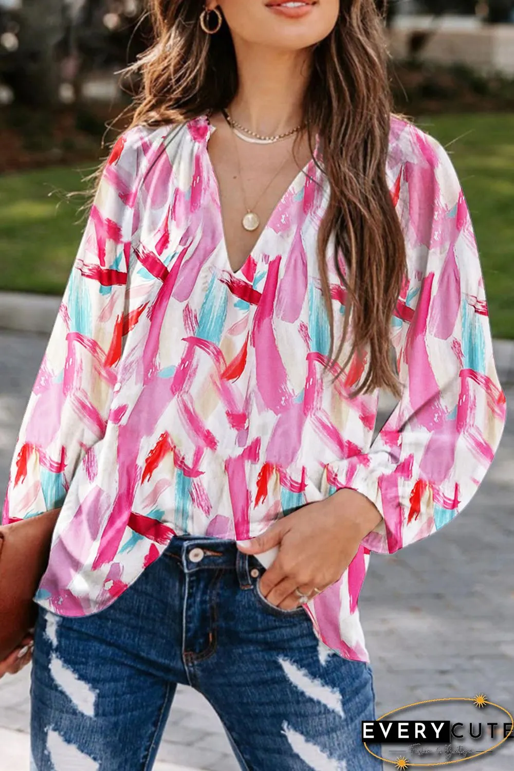 Pink Abstract Brush Print Loose Fit Long Sleeve Top
