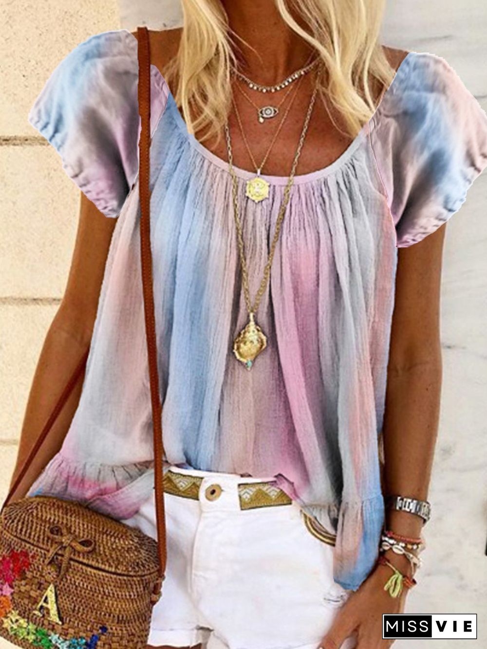 Short Sleeve Cotton-Blend Ombre/tie-Dye Tops