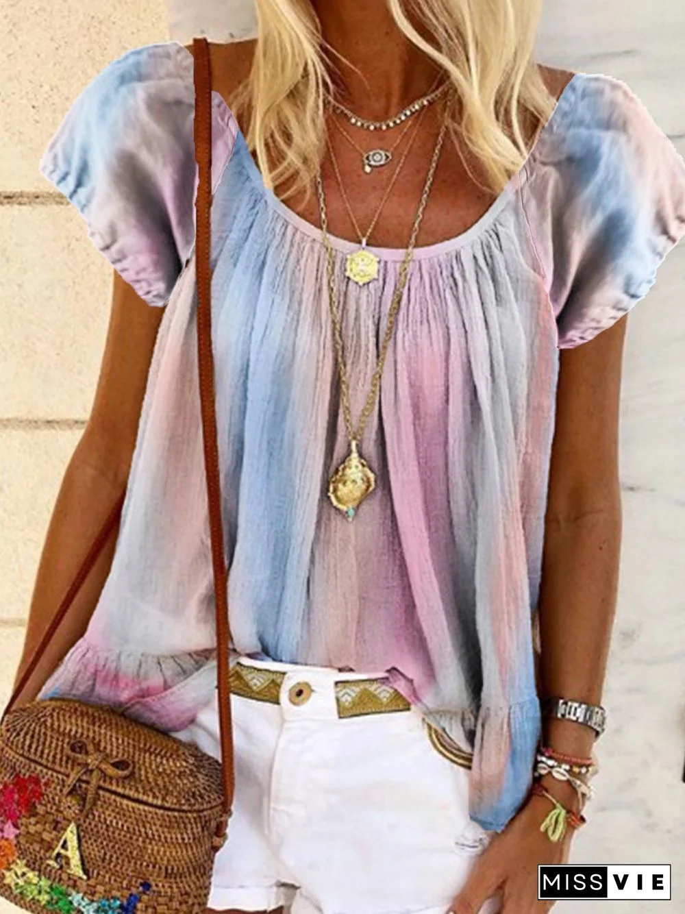 Short Sleeve Cotton-Blend Ombre/tie-Dye Tops