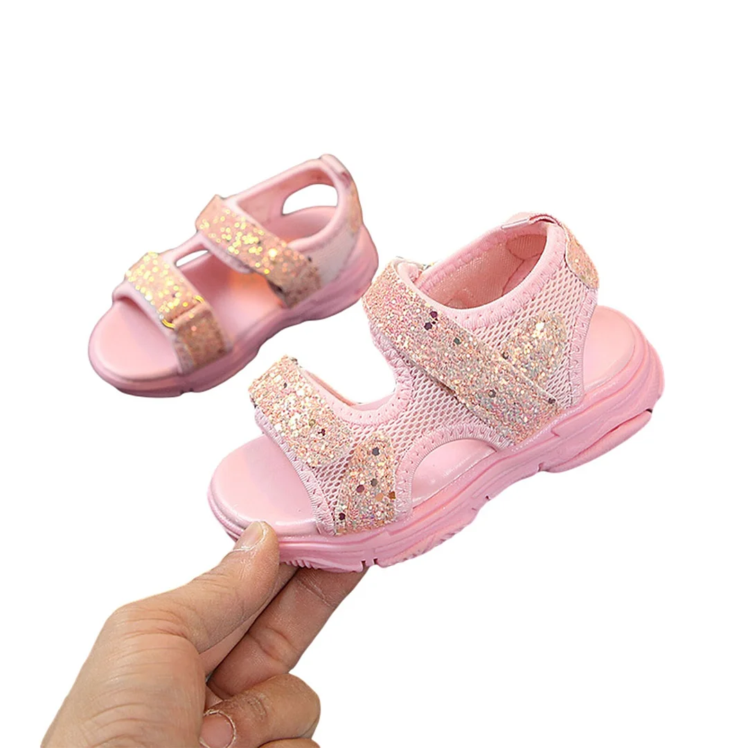 Summer Breathable Little Girls Sandals, Toddlers Sweet Style Sequins Mesh Decoration Soft Sole Non-slip Beach Shoes 9M-3T