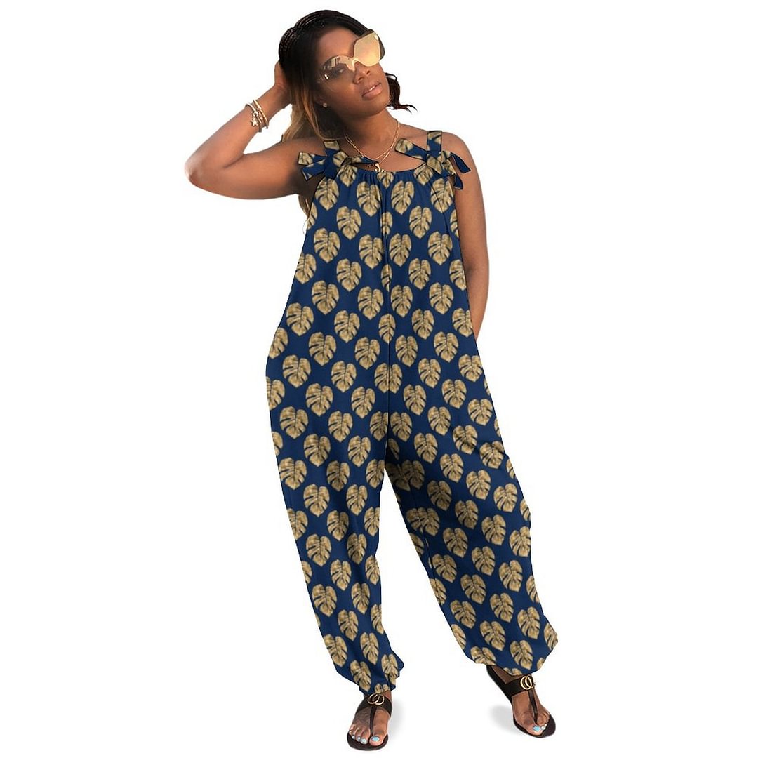 Blue Gold Palm Leaf Pattern Monstera Deliciosa Boho Vintage Loose Overall Corset Jumpsuit Without Top