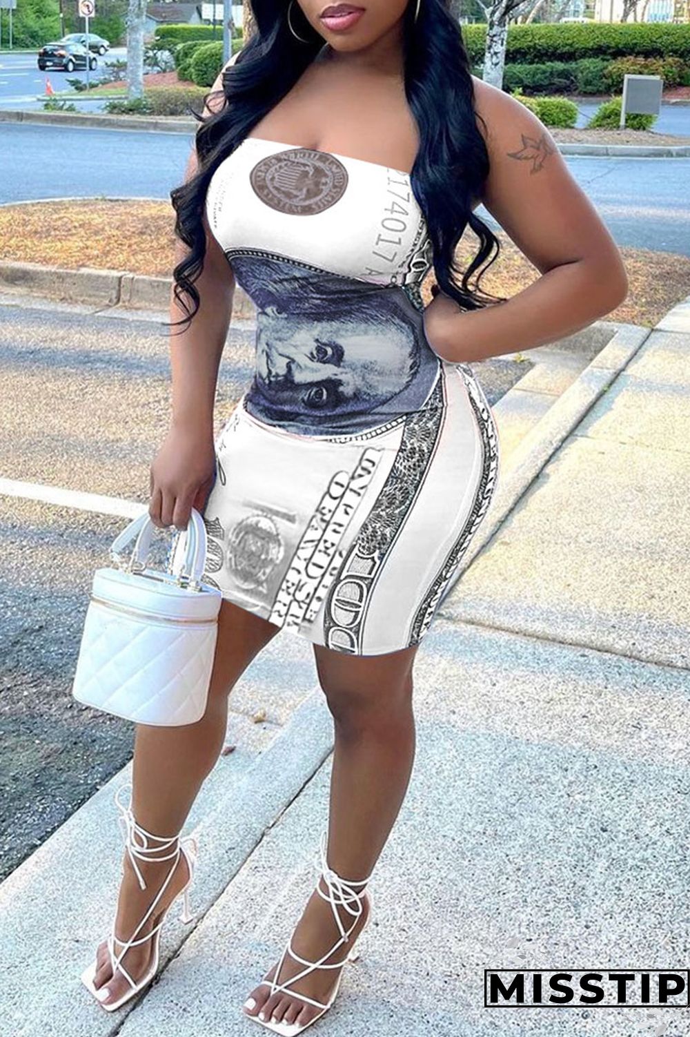 Orange Sexy Print Patchwork Strapless Sheath Dresses