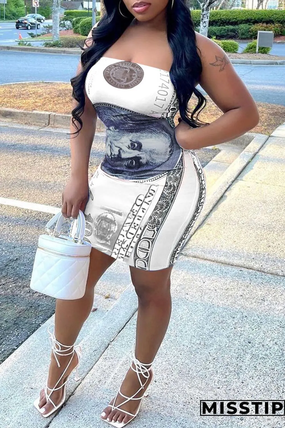 Orange Sexy Print Patchwork Strapless Sheath Dresses