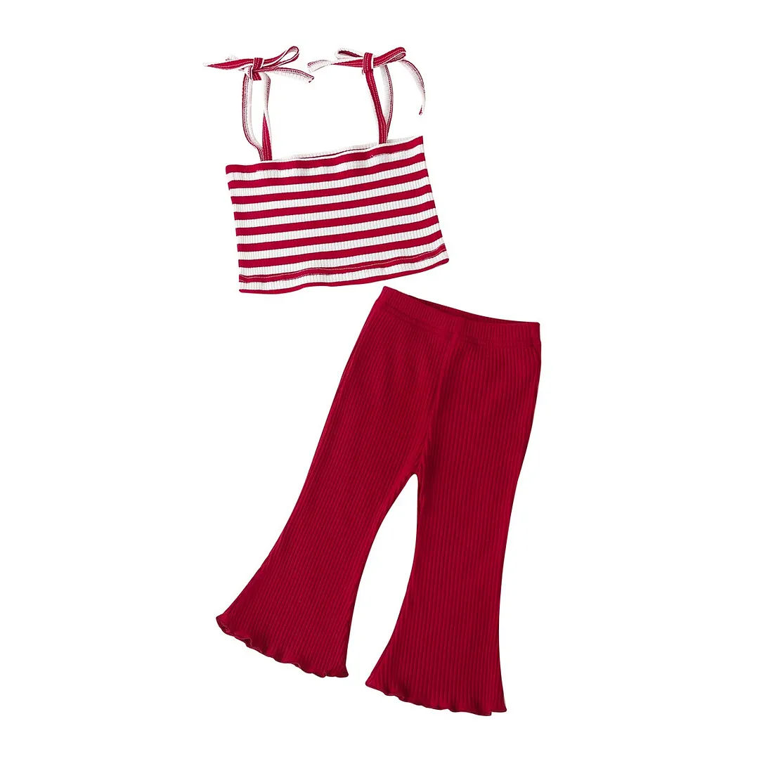 Toddler Baby Stripe Ribbed Two-pieces Set Infant Girls Square Collar Sleeveless Sling Vest Tops + Elastic Flare Long Pants Set