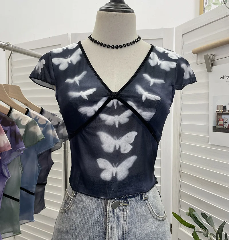 Uveng Sexy Hottie V-Neck Butterfly Print Short-Sleeved T-Shirt Slime Short-Navel Net T-Shirt Girl 9920