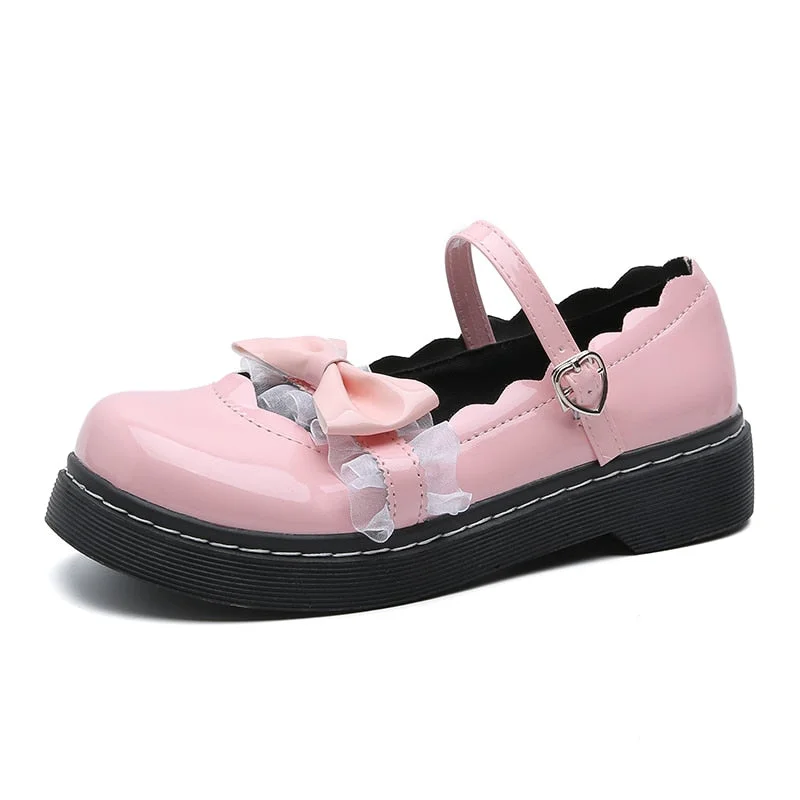 cute Korean shoes Sweet Bow Lolita Shoes Buckle Strap Mary Jane Shoes Woman Solid Patchwork Lace Women Pink Ladies vintage shoes