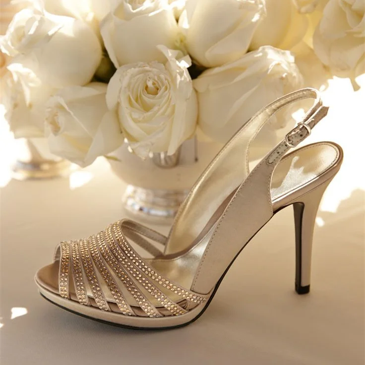 Champagne Dress Sandals Stiletto Heels Rhinestone Wedding Shoes FSJshoes