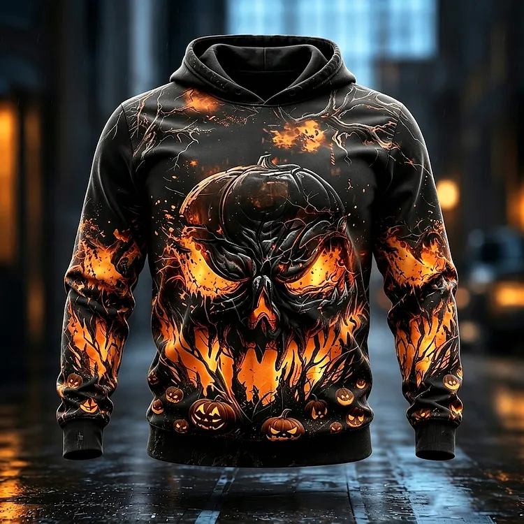 Men's Vintage Halloween Art Print Long Sleeve Casual Hoodie