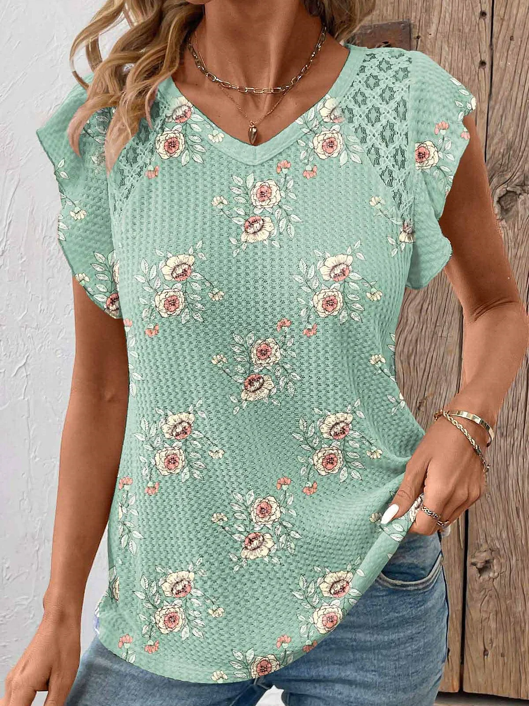 Women Short Sleeve V-neck Floral Printed Graphic Lace Tops