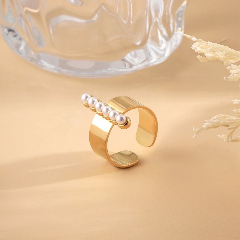 Minimalist Classic Style Solid Color 304 Stainless Steel Pearl 14K Gold Plated Plating Inlay Rings