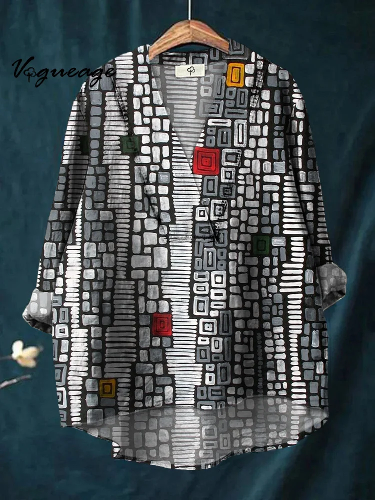 Fashion Black And White Blocks Printed Cotton And Linen Shirt