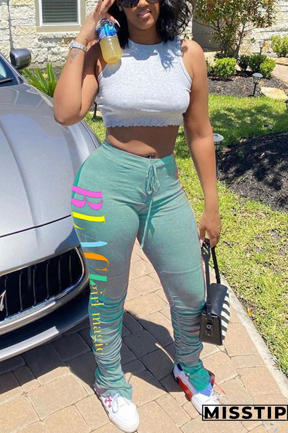 Light Green Fashion Casual Letter Printed Sports Pants