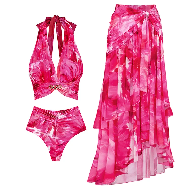 Floral Printed Halter Bikini Swimsuit and Skirt 