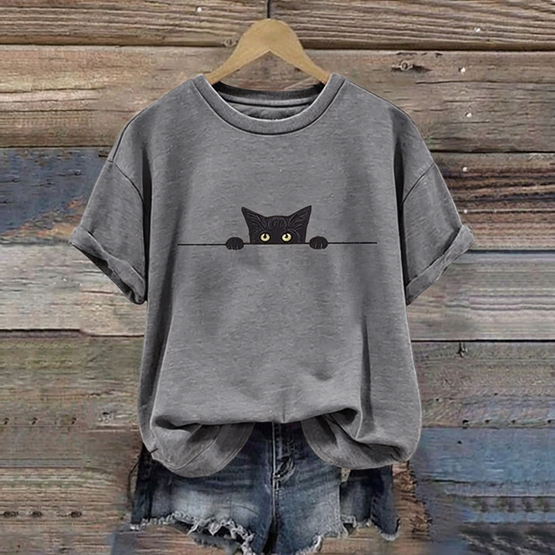 Comstylish Abstract Creative Black Cat Graphic Casual T-shirt