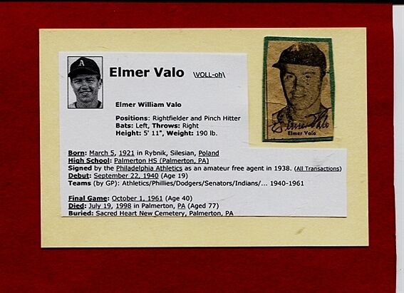 1950'S ELMER VALO-PHILADELPHIA A'S AUTOGRAPHED Photo Poster painting W/BIO (d.1998)