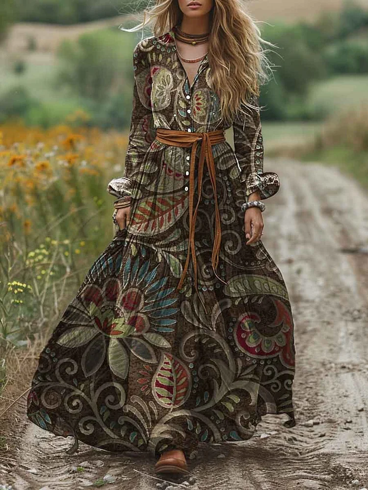 Women's Shirt Collar Vintage Ethnic Print Pocket Long Sleeve Linen Dress