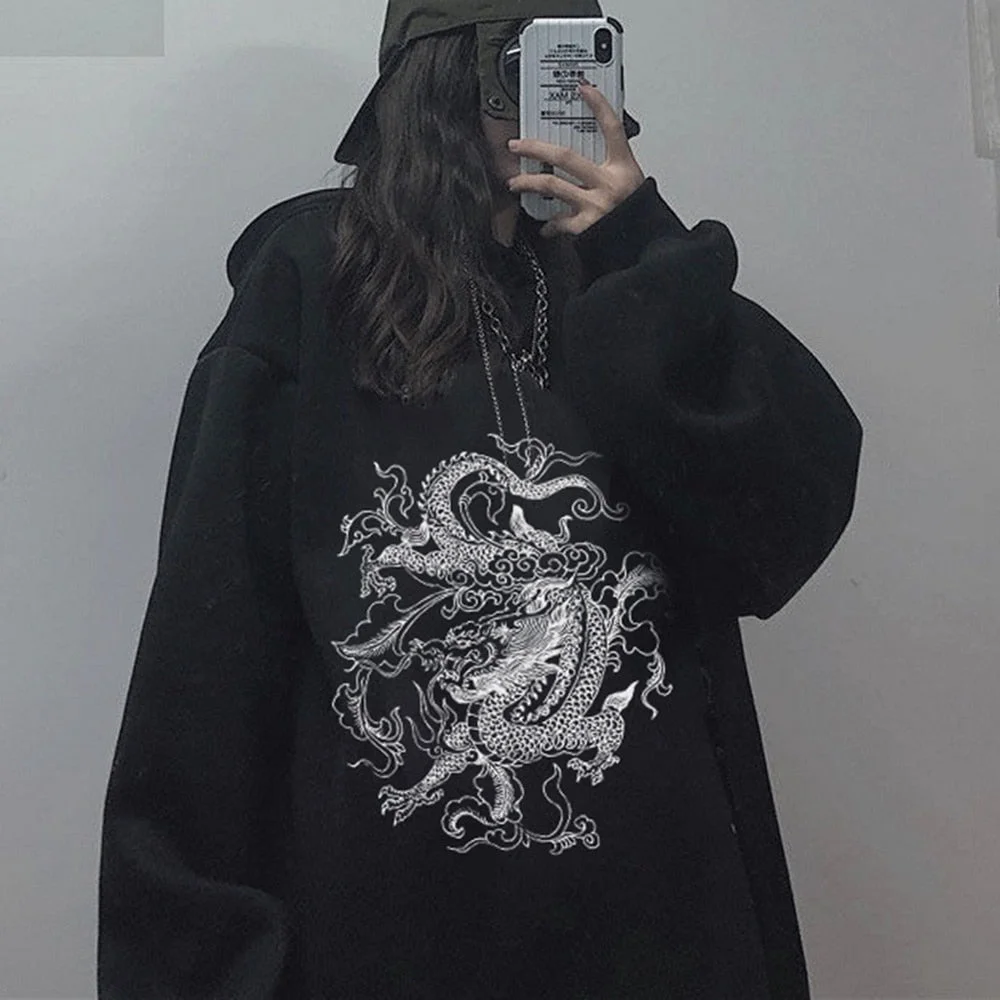 Gothic Dragon Print Hoodies Women Harajuku Vintage Hoodie Sweatshirt Oversized Streetwear Y2k Casual Winter Autumn Grunge Coat