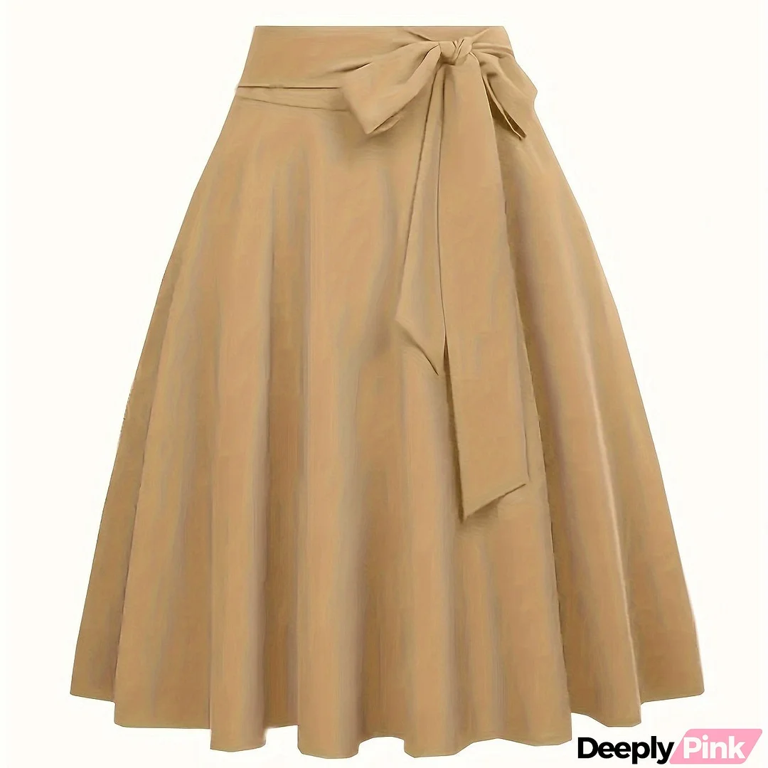 Plus Size Casual Skirt, Women's Plus Solid Knot Front High Rise A-line Midi Skirt