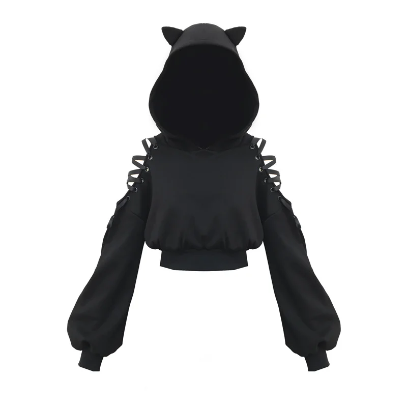 Devil Strapless Strappy Cat Ears Short Cut Slim Top Hoodie Techwear Shop