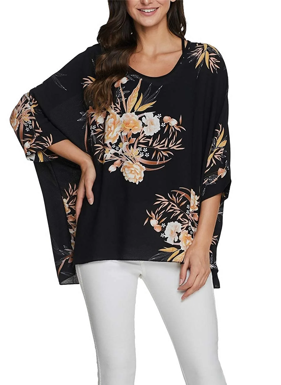 Women's Summer Casual Loose Sheer Shirt Blouse Tunics New Pattern Womens Floral Print Batwing Top Chiffon Poncho