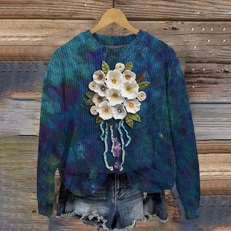 VChics Vintage Halo Dyeing Art Flowers Comfy Knit Sweater