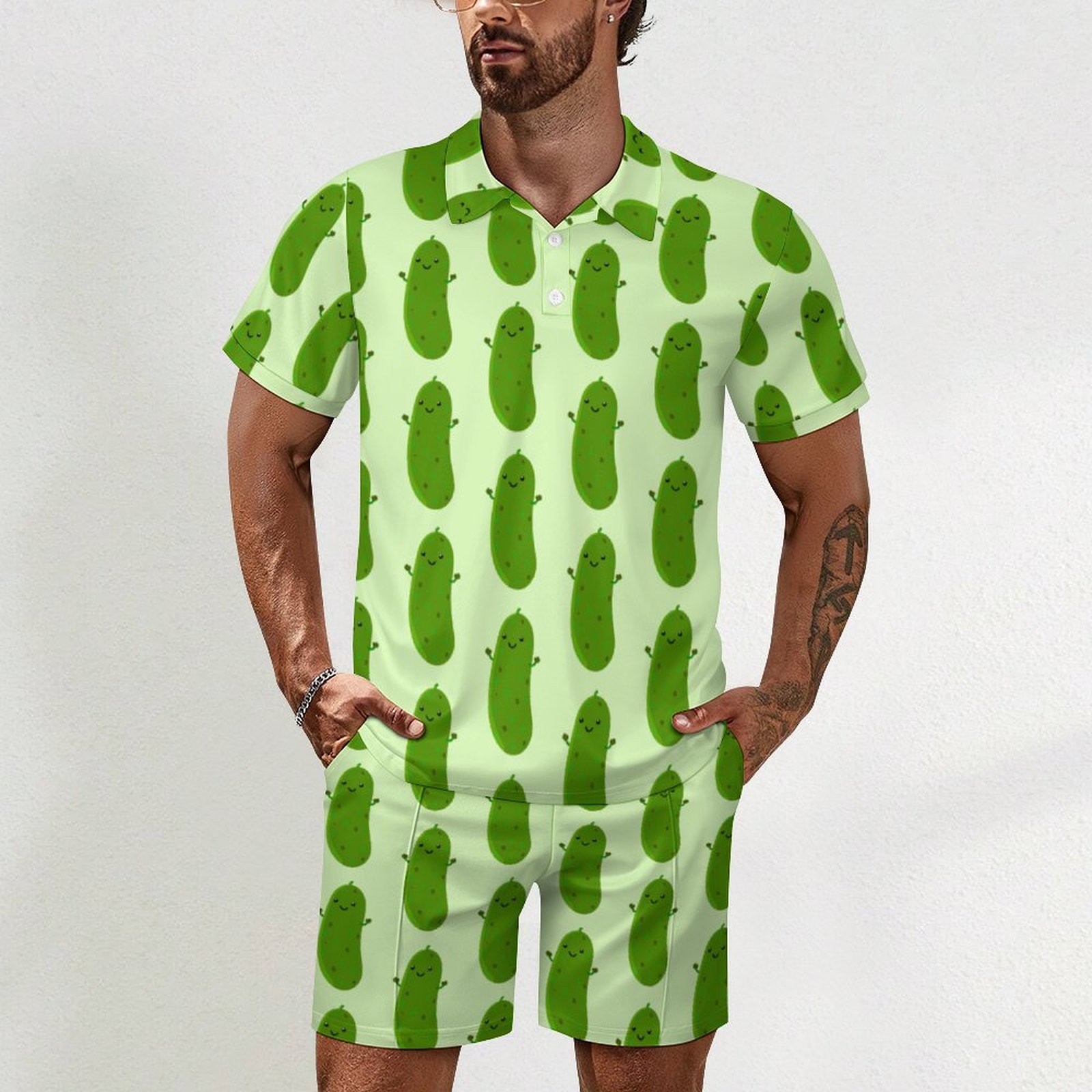 Cute Happy Pickle Cartoon Illustration Men Hawaiian Polo Shirts Casual Button Down 2 Piece Shirt and Shorts Sets