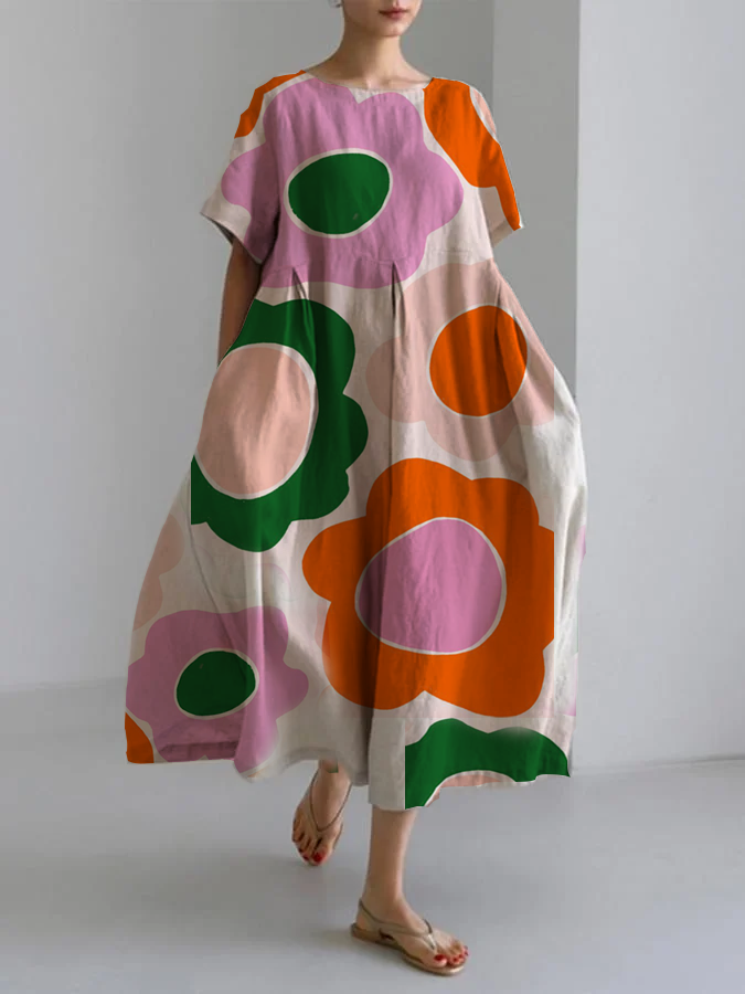 Women's Art Floral Loose Round Neck Medium Length Skirt Dress socialshop