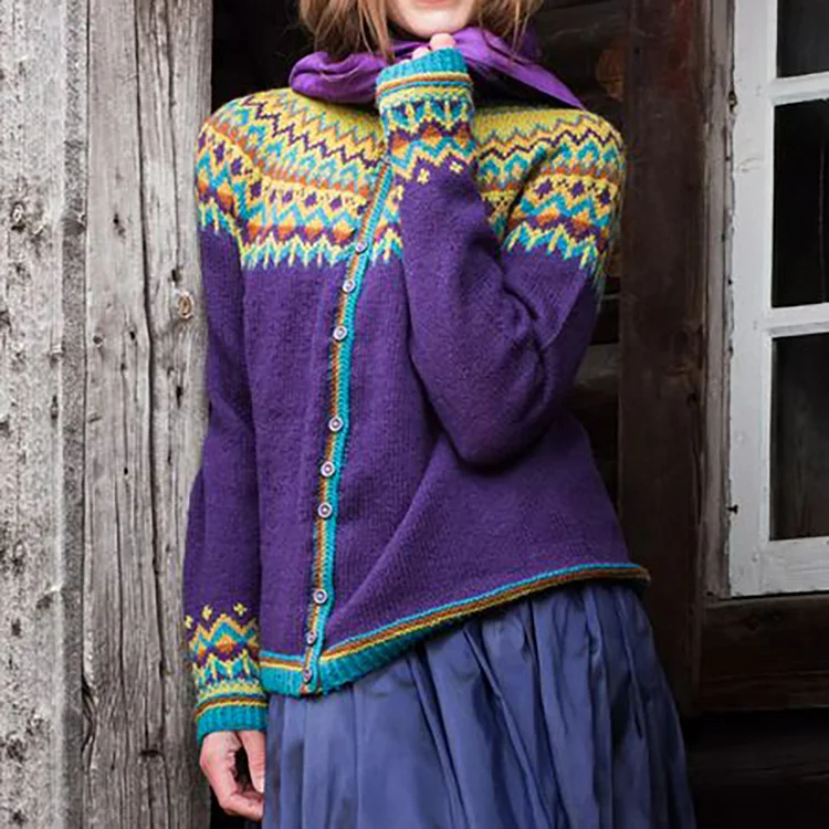 Comstylish Iceland Wave Contrast Jacquard Button Cardigan