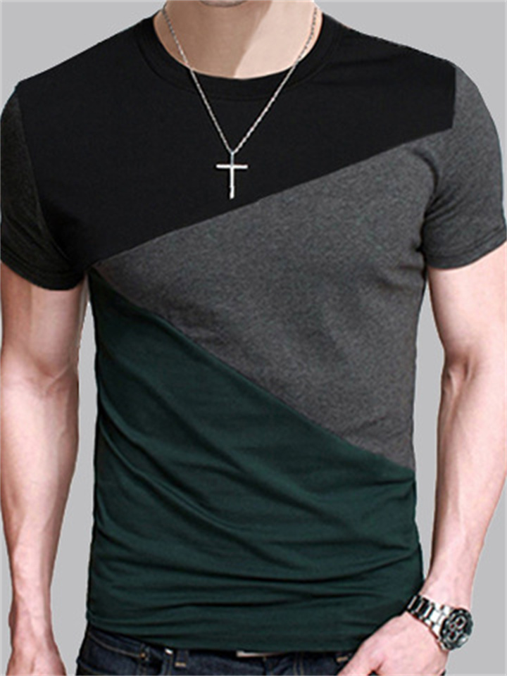 New Summer Fashion High Elastic Men's T-shirt Solid Color Breathable Anti-wrinkle Short-sleeved Collision Color Stitching Round Neck Moisture Absorption Sweat T-shirt