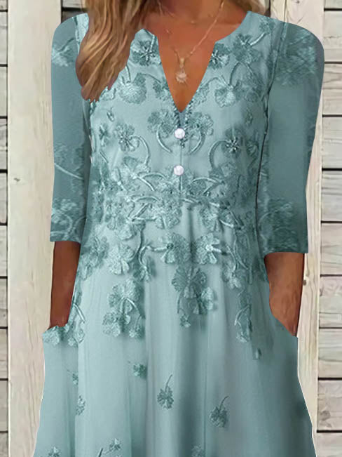 Women Half Sleeve V-neck Solid Color Dress