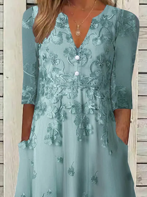 Women Half Sleeve V-neck Solid Color Dress