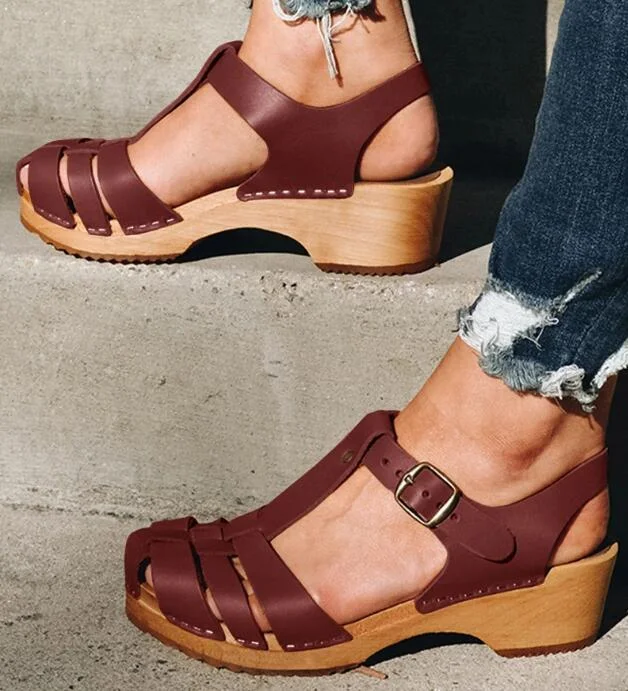 New Summer Women T Strap Sandals Mid Heels Platform Gladiator Ladies Shoes Black Closed Toe Beach Sandals Sandalias Mujer