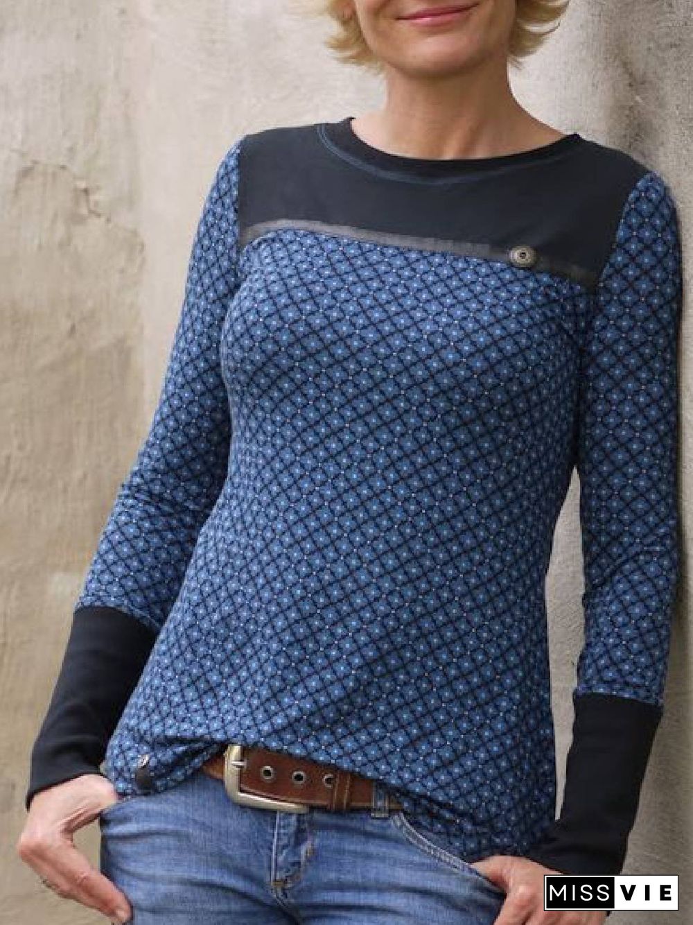 Round Neck Long Sleeve Casual Cotton-Blend Tops