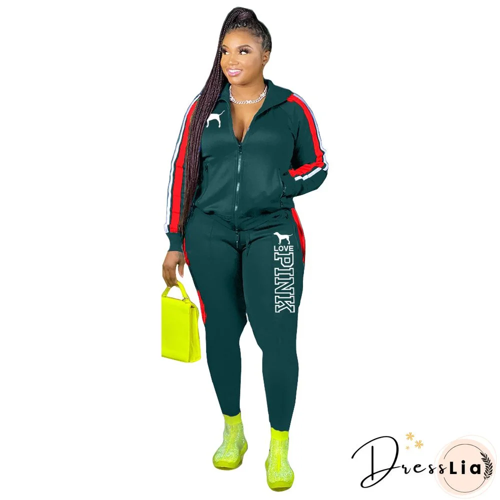 Plus Size Zipper Jacket Tops Sporty Pants Two Piece Set