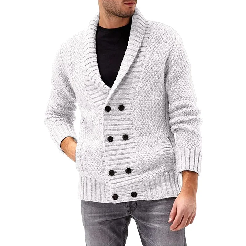 Men's Solid Color Lapel Double-Breasted Long Sleeve Knitted Coat