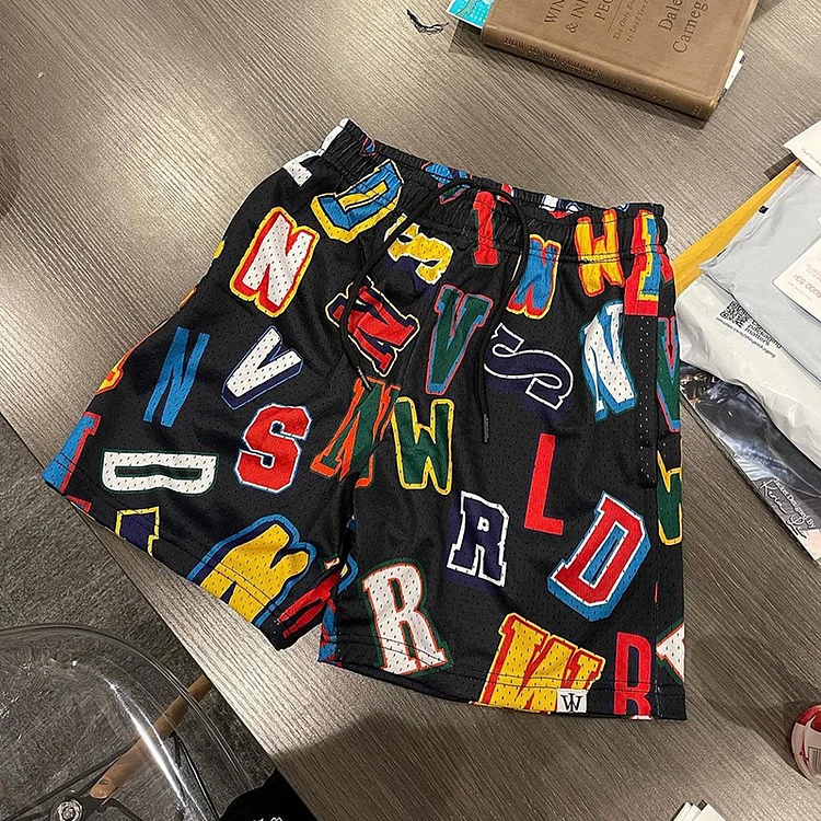 Color Letter Scrambled Printing Casual Mesh Shorts SOPULA