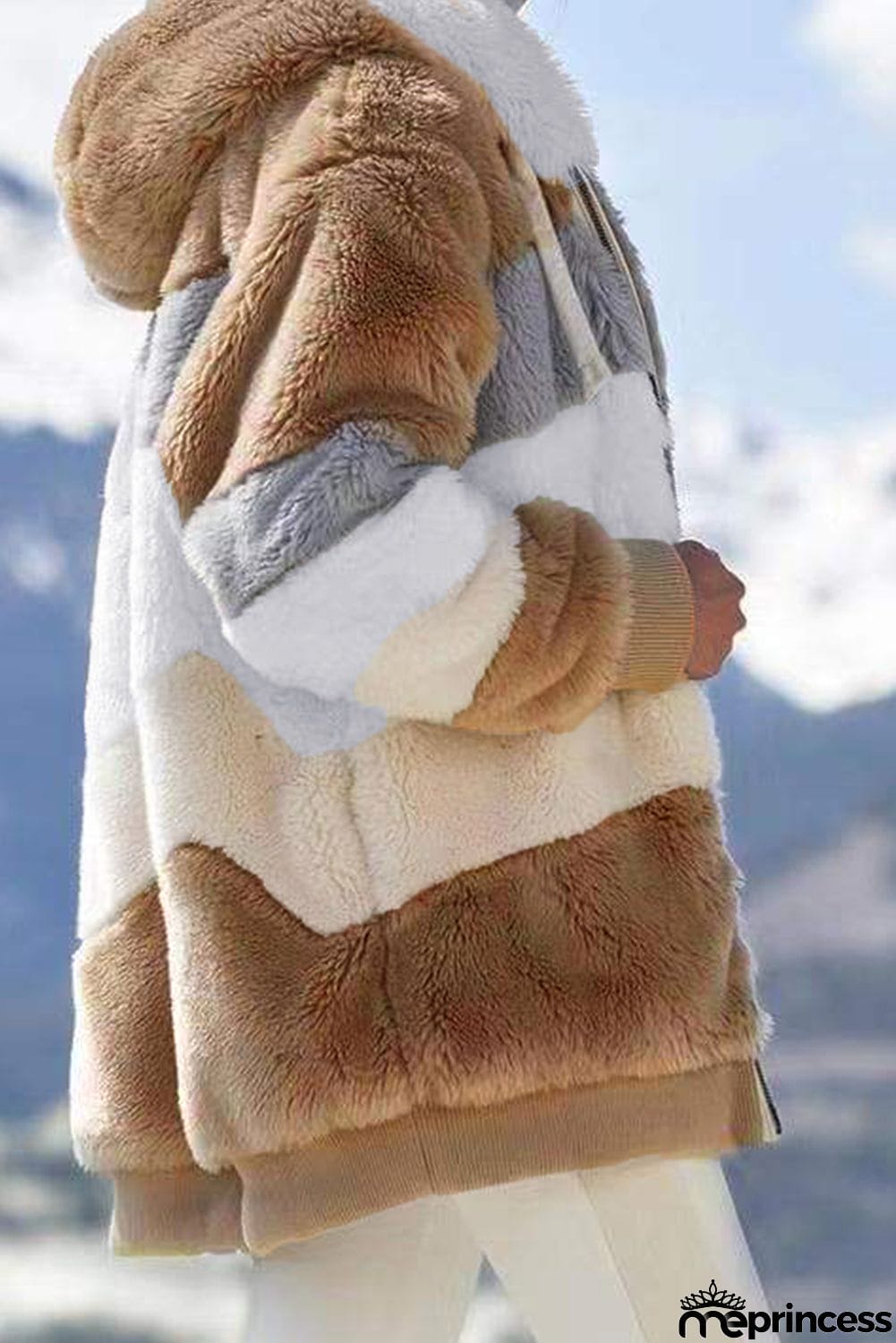 Colorblock Zip Up Sherpa Coat with Hooded