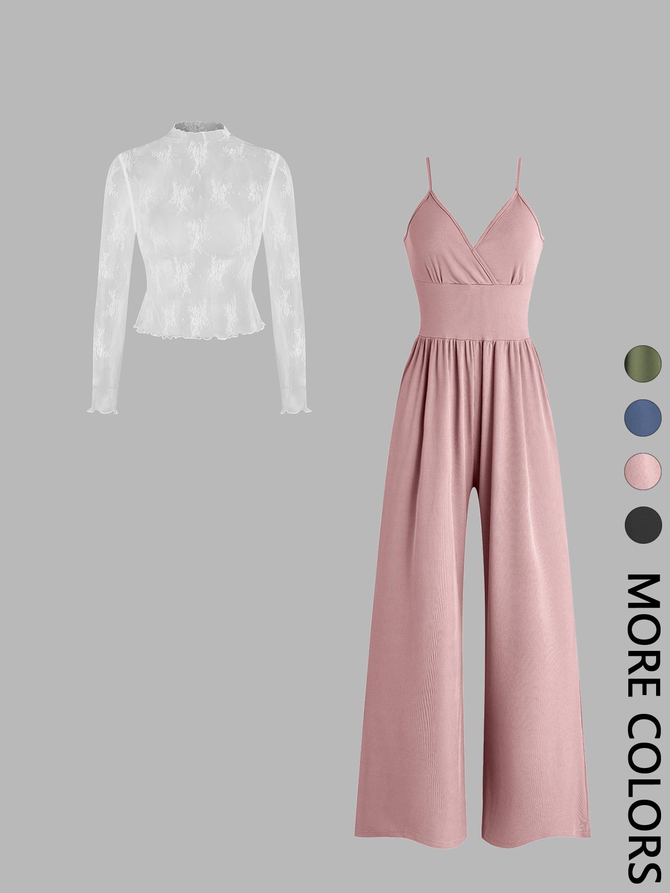 Valentine's Day Two-piece Set Women's Fitted Solid Color Lettuce Trim Mock Neck Sheer Lace Top & Pocket Wide Leg Cami Jumpsuit, Elegant Fashion Casual Two Piece Outfits for Daily Outdoor Wear, Women Clothes for Spring Fall, Womenswear Sleeves Lady