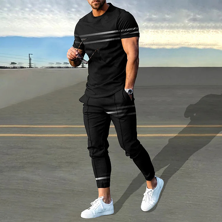 Fashion Simple Striped Print T-Shirt And Pants Co-Ord