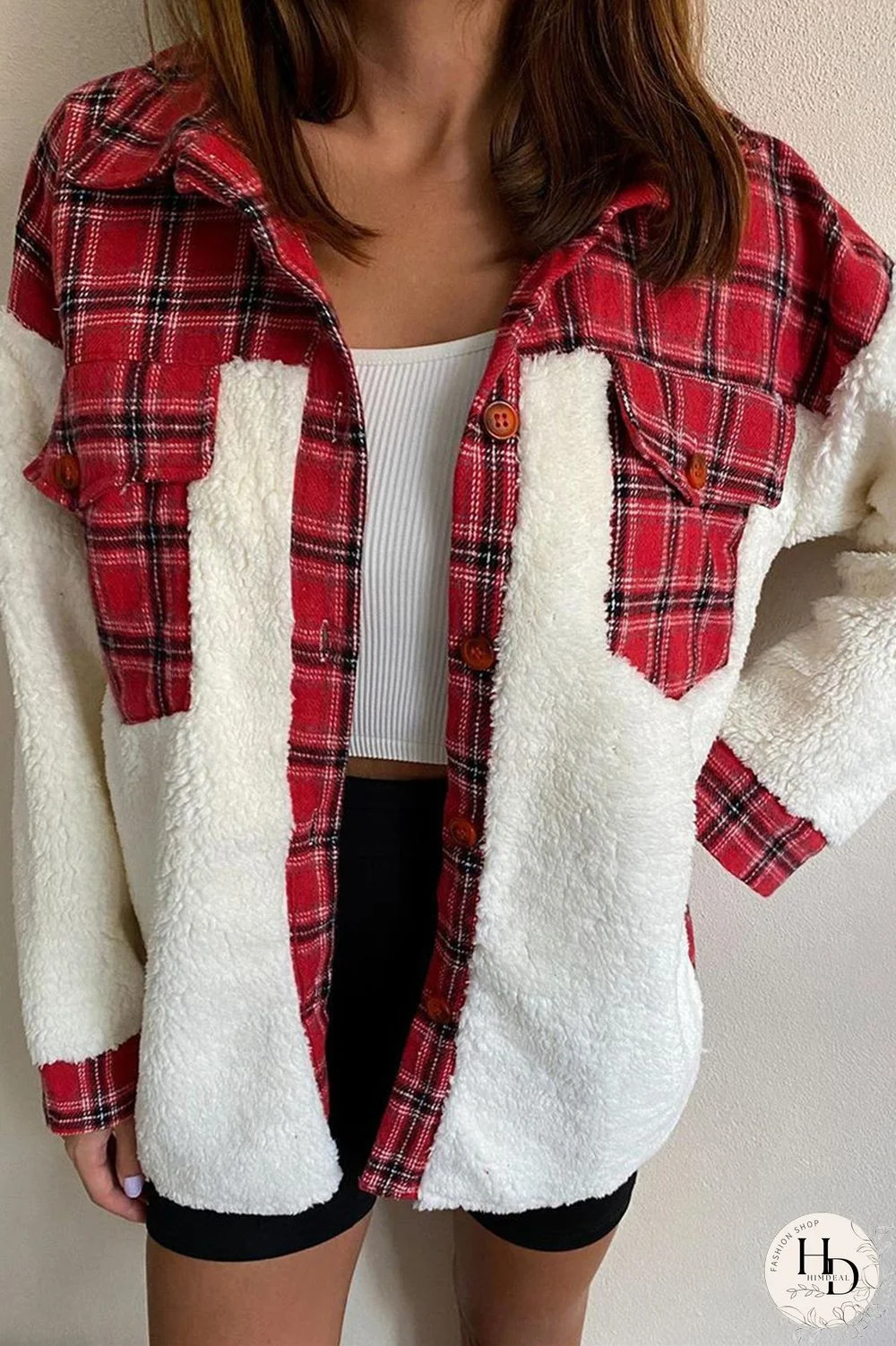 Red Fashion Casual Plaid Print Split Joint Cardigan Turndown Collar Outerwear