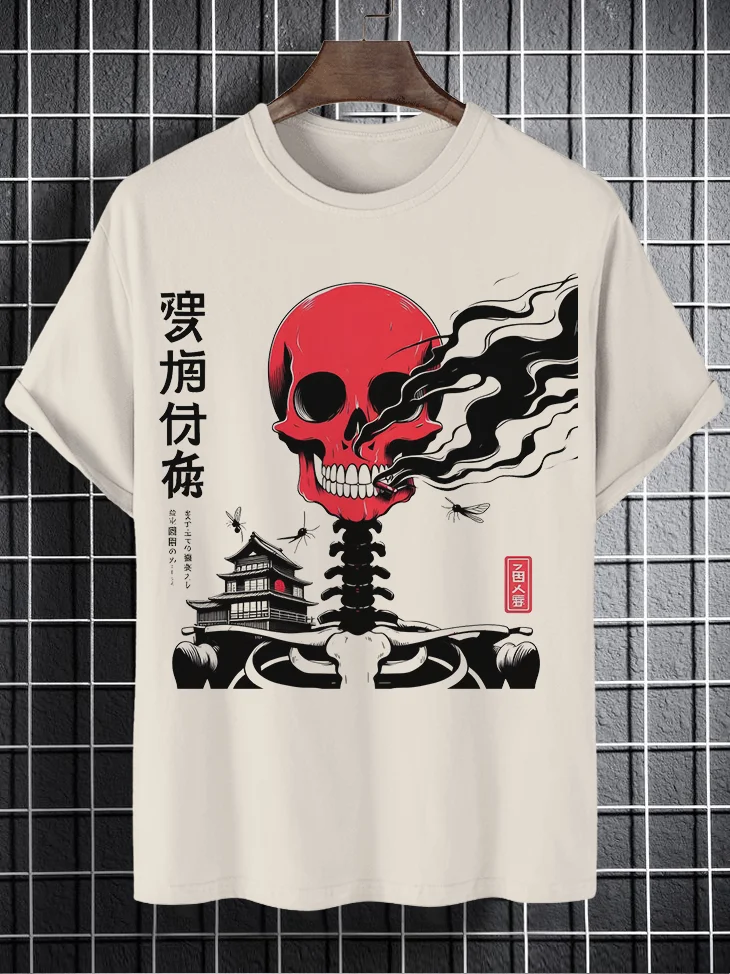 Men's Skull Smoking Japanese Art Print Cotton Casual T-Shirt